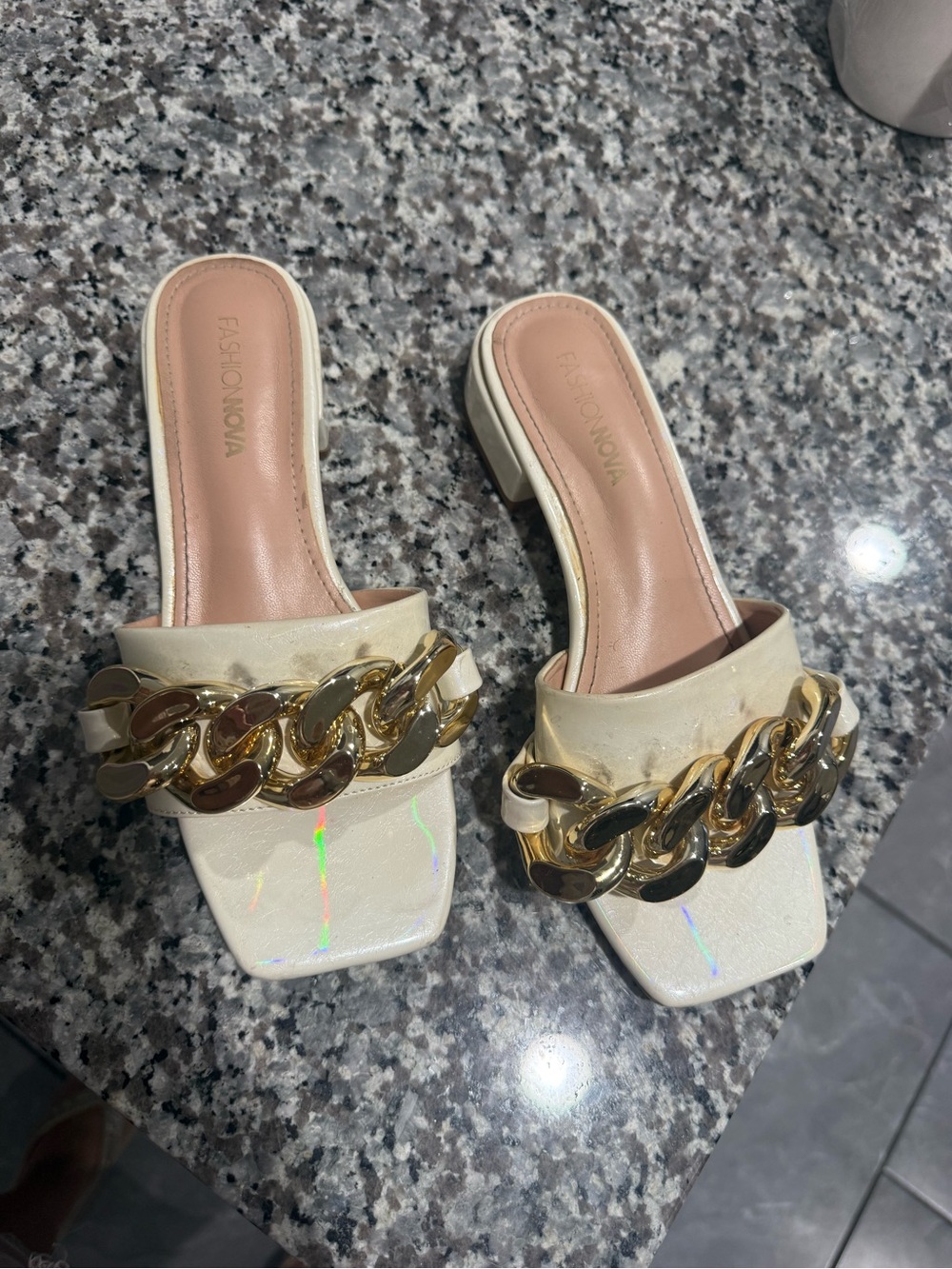 Fashion Nova Ivory Slide Sandals with Gold Chain